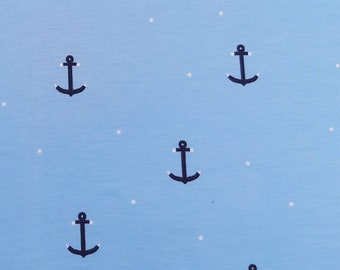 Cotton jersey anchors and stars on a light blue background, maritime blue, white, dark blue, 145 cm wide