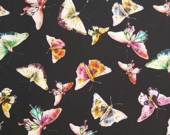 Cotton fabric Oeko-Tex, 150 cm wide // Butterfly, black, pink, green, white, yellow, orange