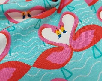 Cotton jersey 150 cm wide // Flamingos, heart, pink, blue, white