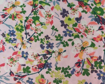 Viscose print 145 cm wide // Floral print flower tendrils green pink, green, blue on pink background