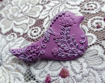 Handmade Polymer Clay Bird Brooch for mother: Floral Pastel Purple Accessory