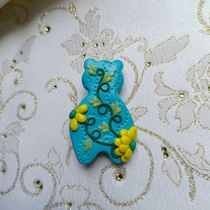 Blue Bear Brooch: Handmade Polymer Clay Pin with Yellow Flowers
