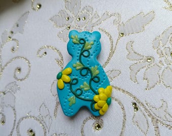 Blue Bear Brooch: Handmade Polymer Clay Pin with Yellow Flowers