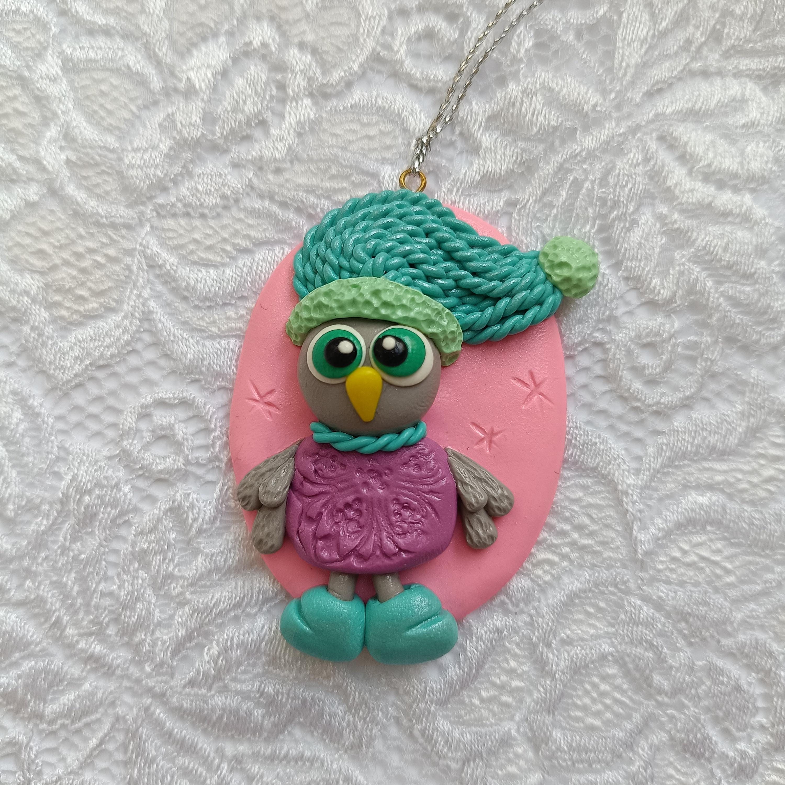 Handmade Polymer Clay Christmas Owl Ornament: Turquoise Hat