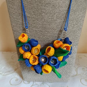 Ukrainian flower necklace, Blue and yellow polymer clay statement jewelry, Handmade floral necklace, Patriotic gift for her, Summer necklace