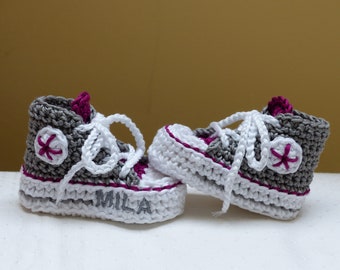 Babyschuhe mit Namen, Baby Shoes, Sneaker, Babyschuhe Taufe, Converse, Babyschuhe gehäkelt