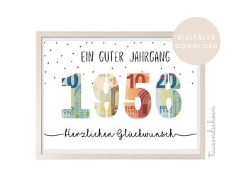 PDF - Money Gift, 70th Birthday Present, Wish Granter, Download for Printing, Congratulations, Image 30 40 50 60 70 1955
