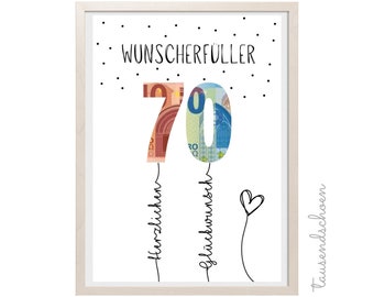 PDF - Money Gift for a 70th Birthday - Wish Granter - Download for Printing - Congratulations Image 30 40 50 60 70