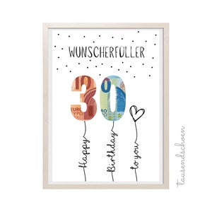 PDF - Geldgeschenk 30 Geburtstag Wunscherfüller Geburtstagskarte Download zum Ausdrucken herzlichen Glückwunsch Bild 25 30 40 50 60