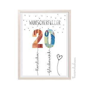 PDF - Cartão de aniversário para realizar desejos de 20 anos com presente em dinheiro, download para imprimir, imagem de parabéns 20 25 30 40 50 60