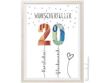 PDF - Geldgeschenk 20 Geburtstag Wunscherfüller Geburtstagskarte Download zum Ausdrucken herzlichen Glückwunsch Bild  20 25 30 40 50 60