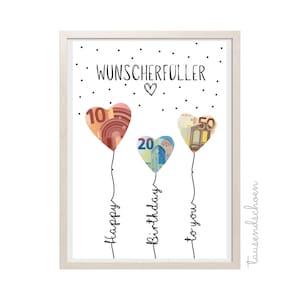 PDF - Geldgeschenk Geschenk zum Geburtstag Luftballons Wunscherfüller Geburtstagskarte Download Ausdrucken Birthday Bild 18 25 30 40 50 60