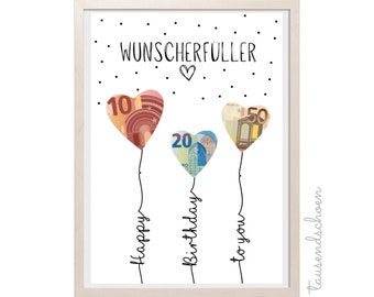 PDF - Geldgeschenk Geschenk zum Geburtstag Luftballons Wunscherfüller Geburtstagskarte Download Ausdrucken Birthday Bild 18 25 30 40 50 60