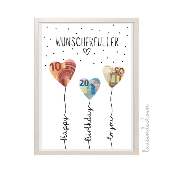 PDF - Geldgeschenk Geschenk zum Geburtstag Luftballons Wunscherfüller Geburtstagskarte Download Ausdrucken Birthday Bild 18 25 30 40 50 60