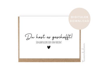 Tarjeta para imprimir, graduación, formación, diploma de bachillerato, licenciatura, estudio, maestría, examen, regalo por aprobar el examen. Descarga instantánea