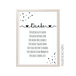May include: A black and white printable thank you card with the text "Danke" and a list of reasons to thank someone. The card is framed in a white frame.
