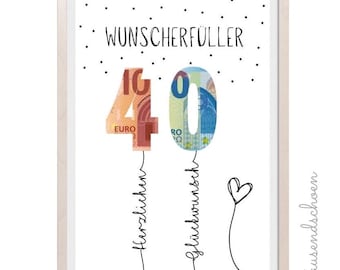 May include: Framed print with the number 40 made from Euro banknotes. The print includes the words "Wunscherfüller", "Herzlichen", and "Glückwunsch" in black script, along with a small heart and black dots.