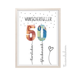 PDF - Geldgeschenk 50 Geburtstag Wunscherfüller Geburtstagskarte Download zum Ausdrucken herzlichen Glückwunsch Bild 25 30 40 50 60