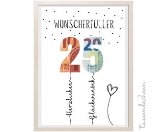 May include: A white framed print with black polka dots. The number 25 is made of euro bills and is attached to strings with the words "Herzlichen" and "Glückwunsch" written on them. The text "Wunsch erfüller" is at the top of the print and "Tausend Dankeschön" is at the bottom.