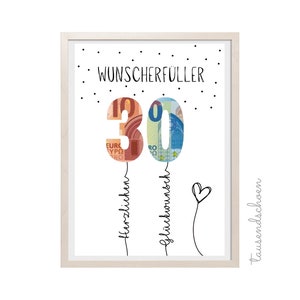 PDF - Cartão de aniversário para realização de desejos de 30 anos com presente em dinheiro, download para impressão, imagem de parabéns 25 30 40 50 60