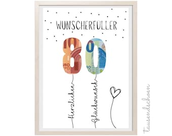 PDF - Geldgeschenk Geschenk zum  80. Geburtstag Wunscherfüller Download zum Ausdrucken herzlichen Glückwunsch Bild 30 40 50 60 70 80