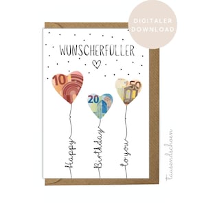 Tarjeta PDF Regalo en efectivo Regalo de cumpleaños Globos Cumplidor de deseos Tarjeta de cumpleaños Descargar Imprimir Imagen de cumpleaños 18 25 30 40 50