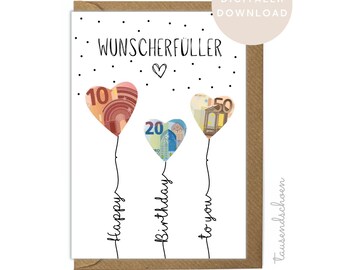 PDF Card Cash Gift Birthday Gift Balloons Wish Fulfiller Birthday Card Download Print Birthday Picture 18 25 30 40 50