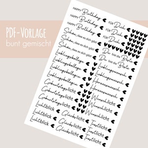 Op de afbeelding: Zwart-witte printbare stickers met verschillende zinnen en harten. De zinnen omvatten "Happy Birthday", "Schon, dass es dich gibt!" en "Lieblingskollege".