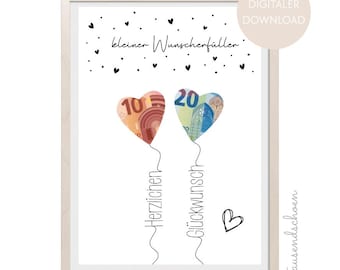 PDF - Birthday Money Gift, Balloons, Wish Granter Poster, Birthday Card Download for Printing, Birthday Image 18 25 30 40 50 60