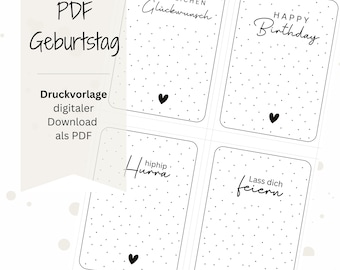 May include: Four printable birthday cards with black polka dot backgrounds and black text. The cards say "Happy Birthday", "Herzlichen Glückwunsch", "Hip Hip Hurra", and "Lass dich feiern".