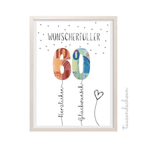 PDF - Geldgeschenk 60 Geburtstag Wunscherfüller Geburtstagskarte Download zum Ausdrucken herzlichen Glückwunsch Bild 25 30 40 50 60