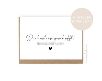 Tarjeta imprimible, graduación, educación, diploma de bachillerato, licenciatura, estudios universitarios, maestría, examen, regalo por aprobar un examen. Descarga instantánea.