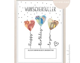 PDF - Birthday Money Gift, Balloons, Wish Granter Poster, Birthday Card Download for Printing, Birthday Image 18 25 30 40 50 60