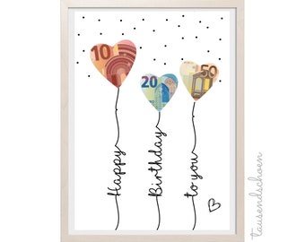 PDF - Birthday Money Gift, Balloons, Wish Granter Poster, Birthday Card Download for Printing, Birthday Image 18 25 30 40 50 60