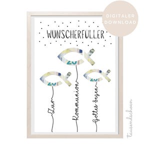 Puede incluir: Una impresión artística enmarcada con tres formas de pez hechas con moneda, con las palabras "Wunscherfüller" y "Digital Download". Las palabras "Zum", "Kommunion" y "Gottes Segen" están escritas debajo de los peces.