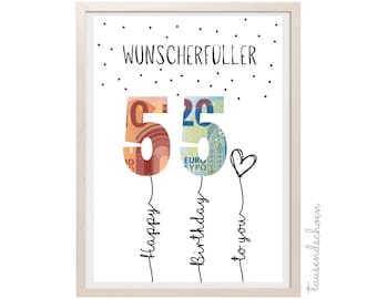 PDF Geldgeschenk 55 Geburtstag Wunscherfüller Geburtstagskarte Download Ausdrucken herzlichen Glückwunsch Bild 25 30 40 50 60 35 45 55 65