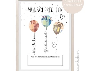 PDF - Birthday Money Gift, Balloons, Wish Granter, Birthday Card Download for Printing, Congratulations, Image 18, 25, 30, 40