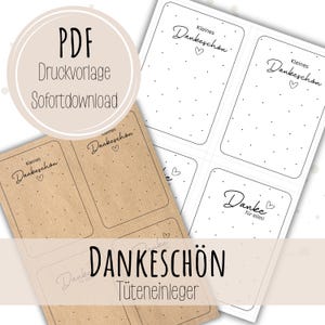 Op de afbeelding: Printbare PDF met bedankkaartontwerpen. De kaarten tonen de woorden "Kleines Dankeschön" en een hartsymbool. Het ontwerp bevat de tekst "PDF Druckvorlage Sofortdownload" in een cirkelvormige afbeelding.