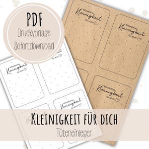 Könnte beinhalten: Zwei bedruckte Papierbögen. Einer ist weiß mit einem gepunkteten Muster, der andere braun. Der Text enthält "PDF Druckvorlage Sofortdownload" und "Kleinigkeit für dich". Auf dem unteren Bogen steht "KLEINIGKEIT FÜR DICH Tüteneileger".