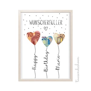 PDF Geldgeschenk Geburtstag Luftballons Wunscherfüller Geburtstagskarte Download Ausdruck Birthday Bild 18 25 30 40 50 60 personalisiert