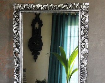 Espejo de pared, espejo barroco, espejo de guardarropa, espejo de pasillo, madera rococó, espejo de pared de madera miroir vintage, plata antigua, 170 cm x 90 cm