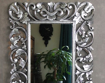 Eleganter Wandspiegel Spiegel Barock Rokoko Holzrahmen geschnitzt antik silber Größe 100cm x 70cm