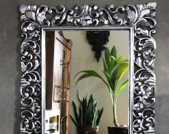 Espejo de pared, espejo barroco, espejo de baño, espejo de recibidor, madera, plata envejecida, 120 x 70 cm, 120 cm x 80 cm