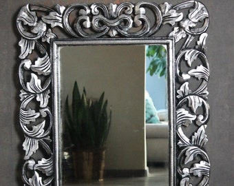 Elegante espejo de pared barroco rococó marco de madera tallada plata antigua 150 cm x 80 cm