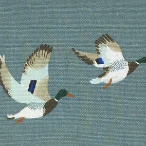 May include: Two mallard ducks in flight against a blue background. The ducks are flying with their wings spread and their heads turned to the side. The background is a light blue color.