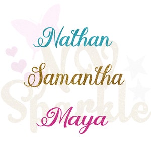 Peut inclure: Un fond blanc avec un motif scintillant mettant en vedette les noms "Nathan", "Samantha" et "Maya" dans différentes couleurs. Les noms sont écrits en cursive.