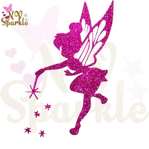 Peut inclure: Silhouette de fée rose pailletée avec des ailes et une baguette magique, tenant une étoile. La fée vole et a un design scintillant.