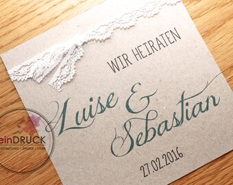 Hochzeitseinladung mit Spitze, Kraftpapier,Vintage, Einladung zur Hochzeit, Vintage, Kraftpapier, schick, edel, einDruck, Naturpapier