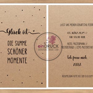 einladung zum geburtstag I kraftpapier, runder geburtstag, eindruck, einladungskarte, 30. 40. 50. 60. 70. 80. geburtstag, glück ist , zeit