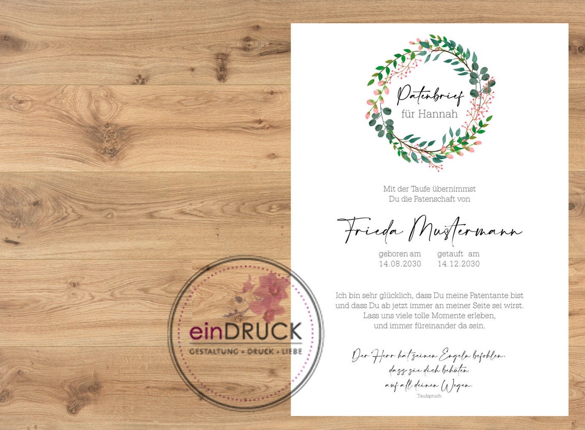 Patenurkunde Patenbrief Geschenk für die Patentante Etsy.de